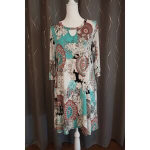 Ladies Lg Green &White Print Shift Dress, Wrinkle Free Great Travel Dress/ #3107
